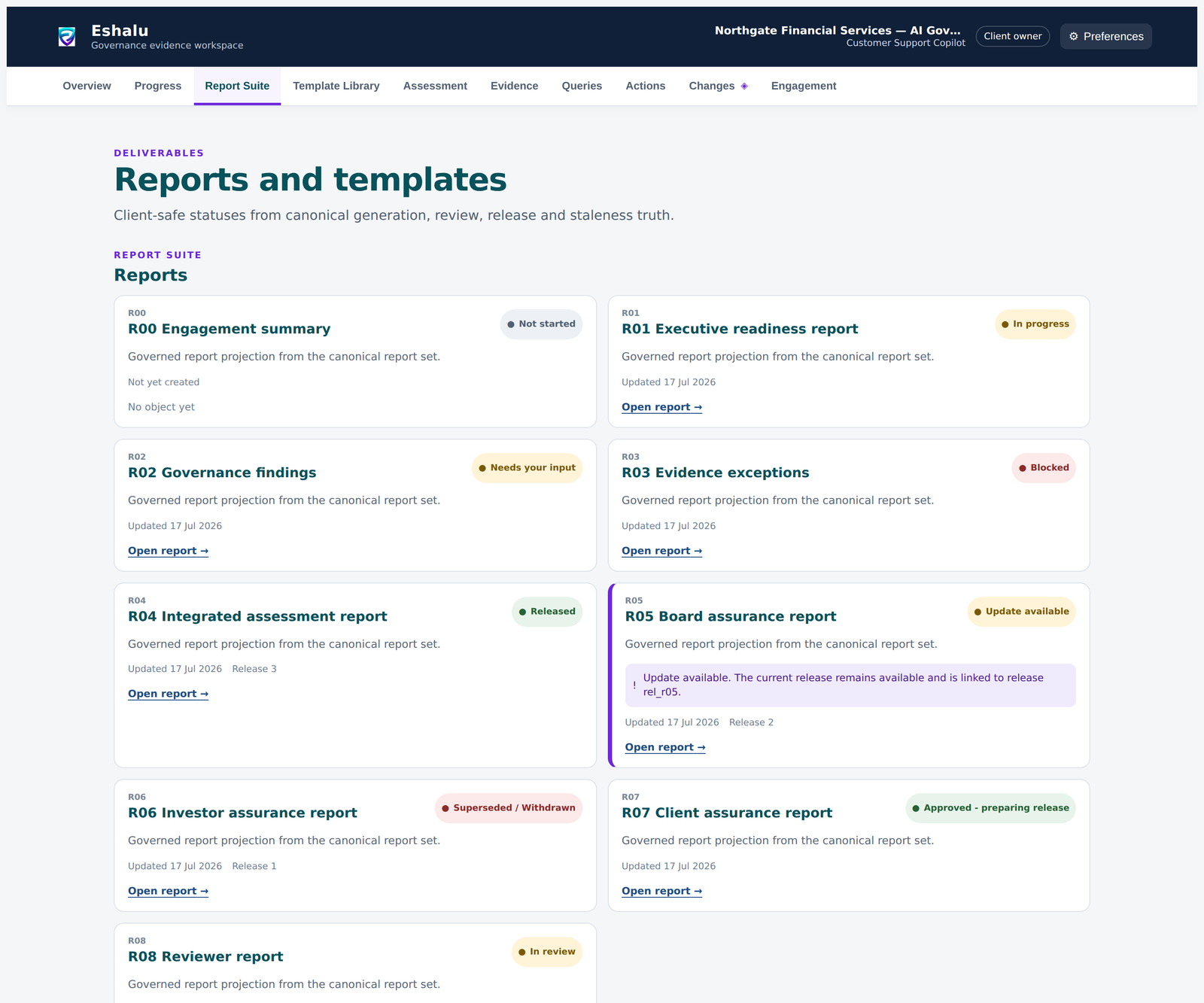 Report suite and template library showing governed deliverables with released, update-available and superseded states